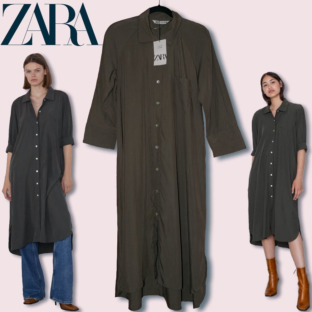 ZARA | Olive Green Button-Down Shirt Style Dress